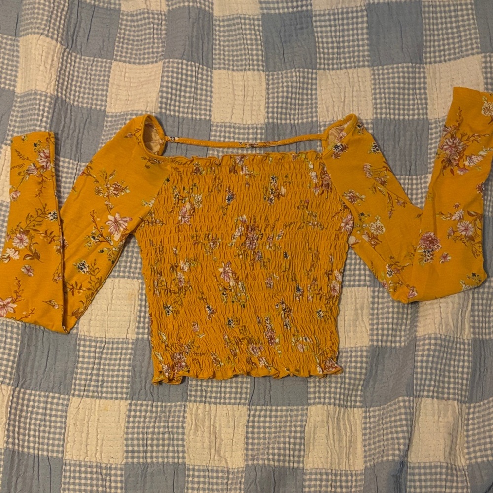 love, Fire Mustard Floral Smocked Blouse